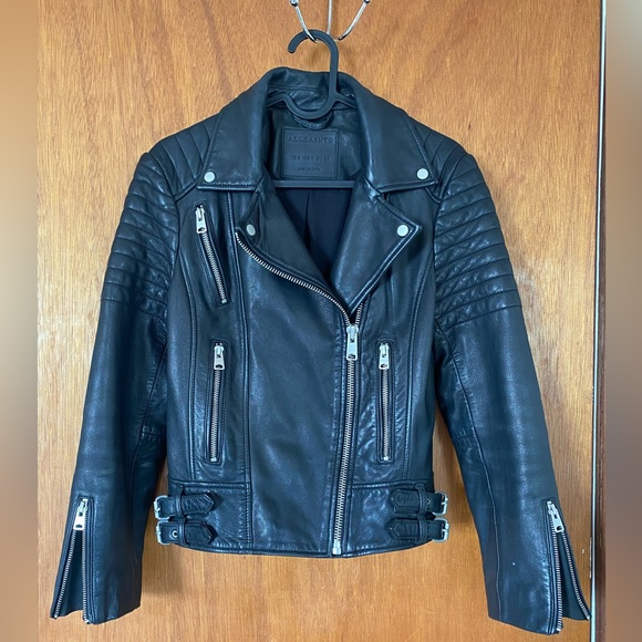 AllSaints (All Saints) Papin Biker Black Leather Jacket - Picture 2 of 4